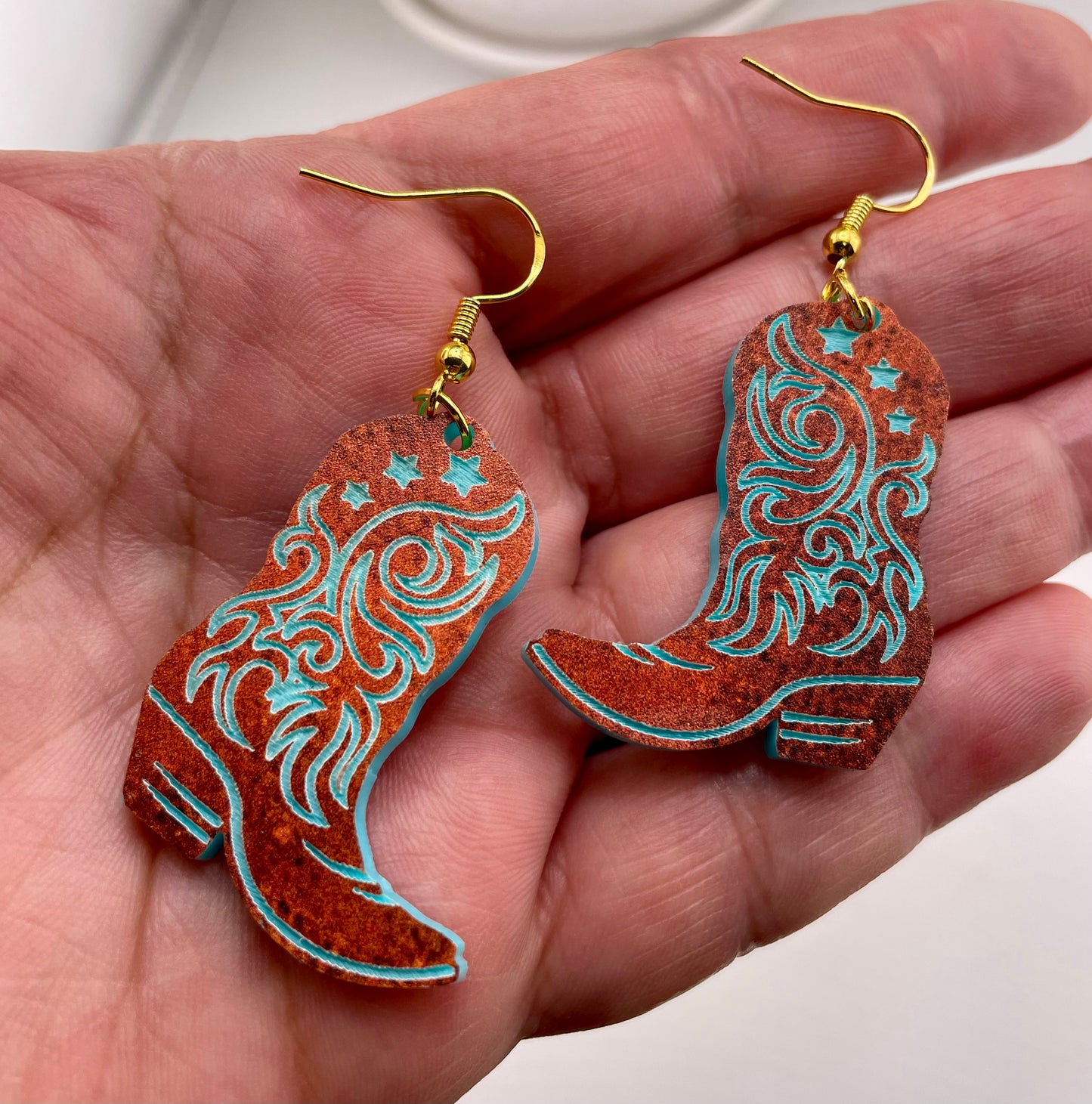 Western Cowboy Copper & Turquoise Boot Dangle Earrings