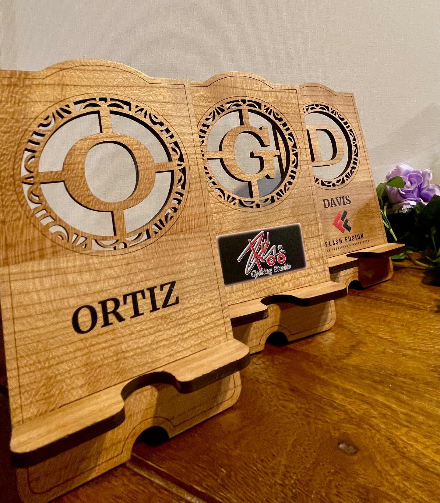 Personalized Monogram Cherry Wood Cell Phone Stands